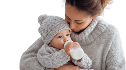 A mother lovingly feeds her baby with a bottle, both dressed in cozy knitwear against a white background.