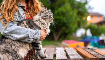 Woman Holding Cat Outdoor Picnic.