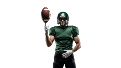 American Football Player: A determined American football player, dressed in vibrant uniform, balances the ball expertly, capturing the spirit of athleticism and focus.
