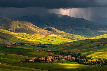 Fototapeta premium Sunlit Italian hills, storm clouds