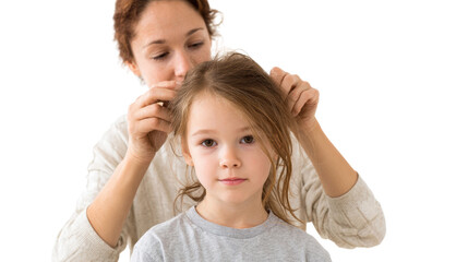 A mother styling her daughter's hair, showcasing a loving, nurturing moment.