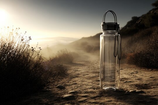Clear water bottle on a dusty trail at sunrise