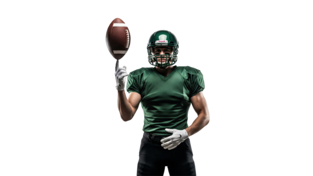 American Football Player: A determined American football player, dressed in vibrant uniform, balances the ball expertly, capturing the spirit of athleticism and focus.