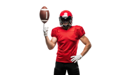 Football Player's Precision: A focused player balances a football effortlessly on a finger, poised in athletic readiness.
