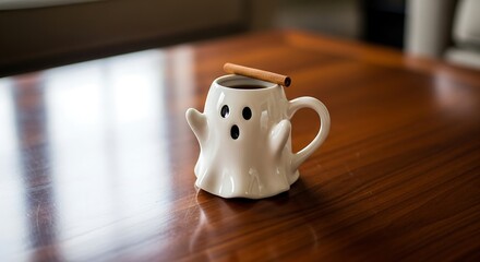 Spooky ghost mug filled with coffee and a cinnamon stick on a wooden table top