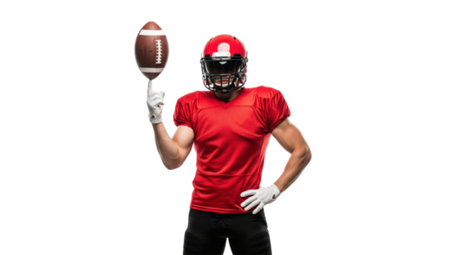 Football Player's Precision: A focused player balances a football effortlessly on a finger, poised in athletic readiness. - Powered by Adobe