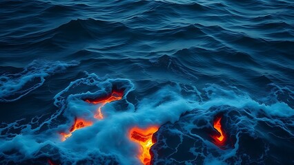 Deep blue ocean waves with glowing cracks beneath the surface, hinting at volcanic activity.