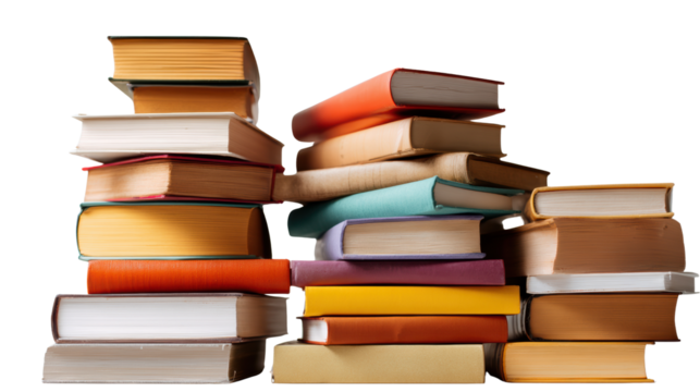 A stack of colorful books with various sizes on a white isolated background.