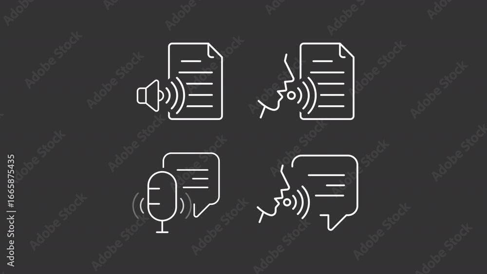 Poster voice recognition animation set. smart assistant animated white line icons. speech to text. document