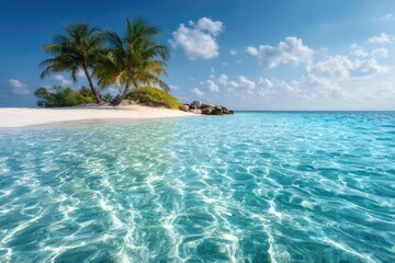 Fototapeta premium Tropical island paradise. Tranquil beach scene with crystal clear water and palm trees