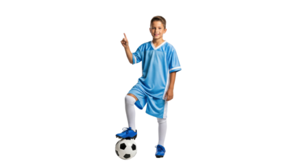 Young Soccer Star: A youthful soccer player, radiant in his light blue uniform, stands proudly with one foot atop a soccer ball, his finger pointing upwards, in a celebration of sportsmanship.