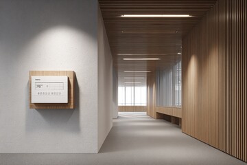 Modern office hallway with light-wood paneling and white wall
