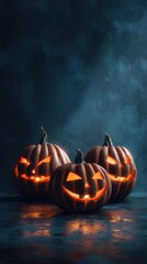 Three glowing carved pumpkins on dark textured background for spooky Halloween game asset.