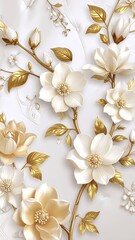 Magnolia Flowers with Gold Leaves, White Floral Background
