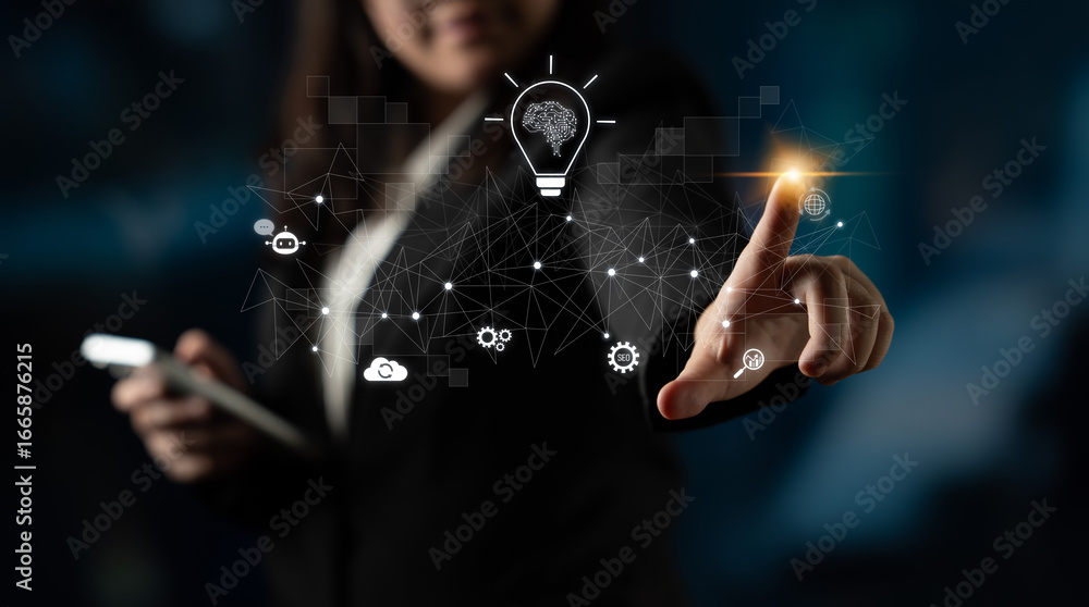 Poster ai innovation with neural network and digital transformation. ai innovation drives automation, power