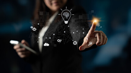 AI innovation with neural network and digital transformation. AI innovation drives automation,...