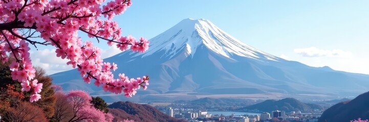 Pink cherry blossoms in full bloom against Mount Fuji's majestic peak , photography, iconic mountain