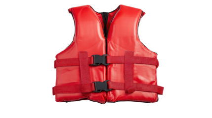 Bright red life jacket on a white isolated background, perfect for safety in water activities.