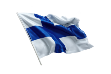 Waving white and blue Finnish flag against black background