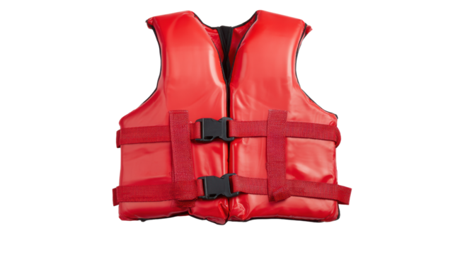 Bright red life jacket on a white isolated background, perfect for safety in water activities.