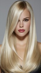 Naklejka premium Professional studio portrait showcasing blonde model with sleek, flowing hair and precise makeup, positioned elegantly against neutral grey backdrop