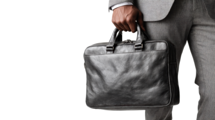 Businessman holding a stylish leather briefcase against a white background.