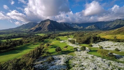 Panoramic view of a golf course nestled in a valley, surrounded by mountains and white flowers. Lush green fairways and greens are visible amidst tropical foliage.  