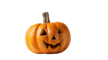 Carved Halloween pumpkin with a smiling face on a white isolated background.