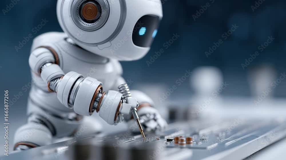 Poster small robot meticulously working on intricate circuit board components, showcasing advanced technolo