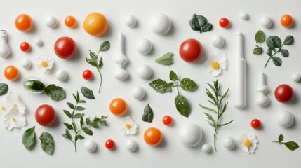 Obraz premium A white background with various fruits and vegetables arranged in a visually appealing manner.
