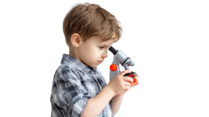 Child exploring science with a microscope, focused on discovery, white isolated background.