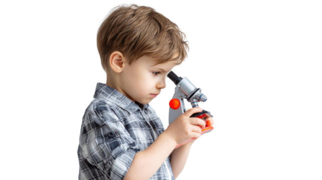 Child exploring science with a microscope, focused on discovery, white isolated background.