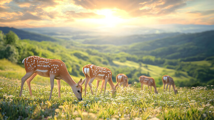 Spotted Deer Grazing In A Meadow At Sunset