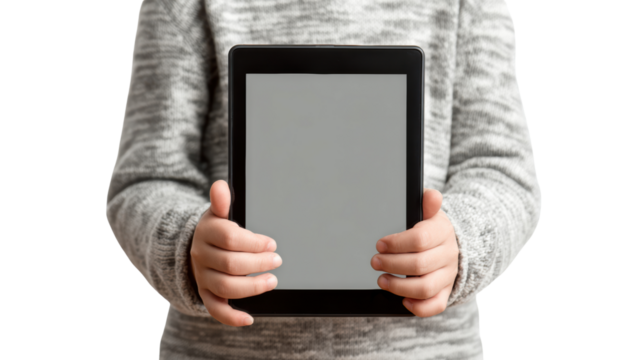 Child holding a tablet device, gray sweater, digital screen ready for use, white isolate background.