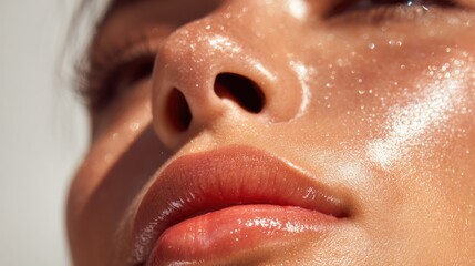 Woman showcasing radiant, dewy complexion with glossy lips, highlighting natural skincare and beauty details