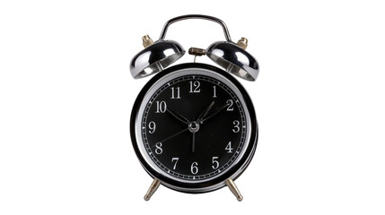 Classic black alarm clock on white isolated background.