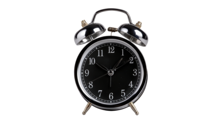 Classic black alarm clock on white isolated background.