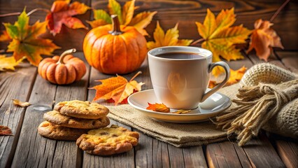 Fototapeta premium Cozy autumn coffee and cookies on a wooden table