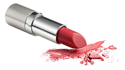 Close-up of a stylish red lipstick with a scattering of powder on a white background.