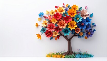 Blooming tree branches adorned with vibrant pink and yellow flowers attract delicate butterflies in a beautiful spring garden