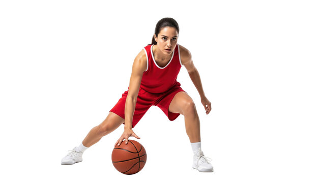Basketball Player in Action: A dynamic female basketball player intensely dribbles the ball on a vibrant hardwood court, showcasing her agility and focus in a captivating display of athleticism. - Powered by Adobe