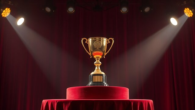 A golden trophy displayed on a velvet podium with dramatic award ceremony lighting.