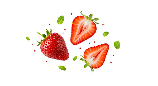Fresh organic fruit with high vitamins and minerals. Strawberry with half slices falling or floating in the air with green leaves isolated on background,