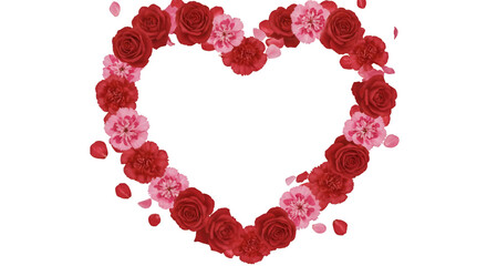 Obraz premium Stunning heart shape formed by vibrant red roses and delicate pink carnations, perfect for romantic celebrations and heartfelt invitationsisolated on white background