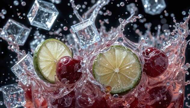 Salpicadura cinematogr&aacute;fica de zumo de cereza y lima con cubitos de hielo en el aire sobre fondo negro