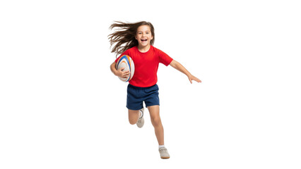 Young Girl's Rugby Run: A spirited young girl, brimming with enthusiasm, charges forward, cradling the rugby ball. A perfect encapsulation of sports and fun, shot in a dynamic and active manner.