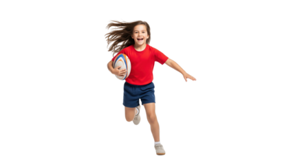 Young Girl's Rugby Run: A spirited young girl, brimming with enthusiasm, charges forward, cradling the rugby ball. A perfect encapsulation of sports and fun, shot in a dynamic and active manner.