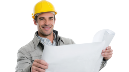 Confident architect examining blueprints with a smile, highlighting professionalism and dedication.