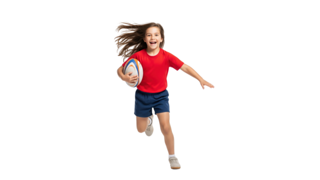Young Girl's Rugby Run: A spirited young girl, brimming with enthusiasm, charges forward, cradling the rugby ball. A perfect encapsulation of sports and fun, shot in a dynamic and active manner.