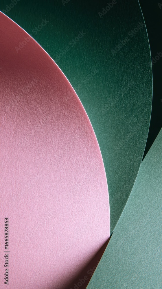 Poster pink, green textured paper sheets curving, bending into abstract geometric patterns, creating modern